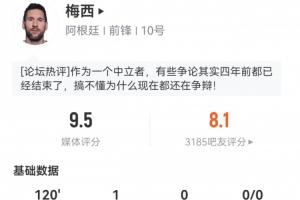 梅西全场表现卓越：得分9.5分！射正、成功传中、过人、对抗均为全场之最
