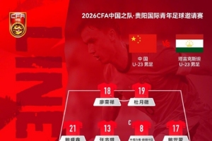 贵阳足球邀请赛中国队U23对阵塔吉克斯坦U23，首发名单揭晓